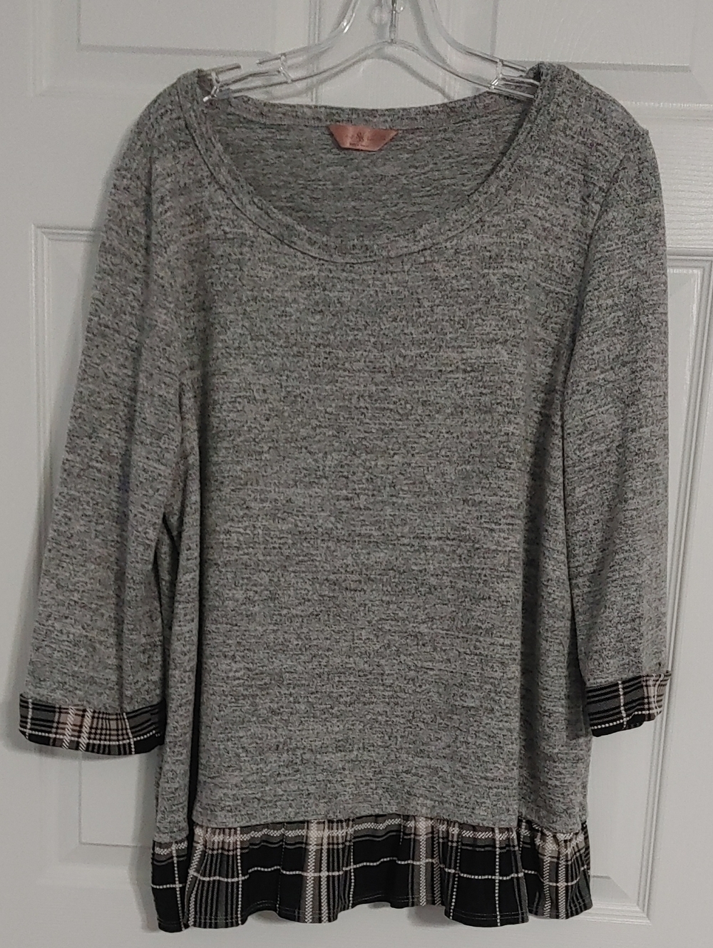 Heather Gray Knit Scoop Neck Top with Layered Plaid Hem Plus 2X